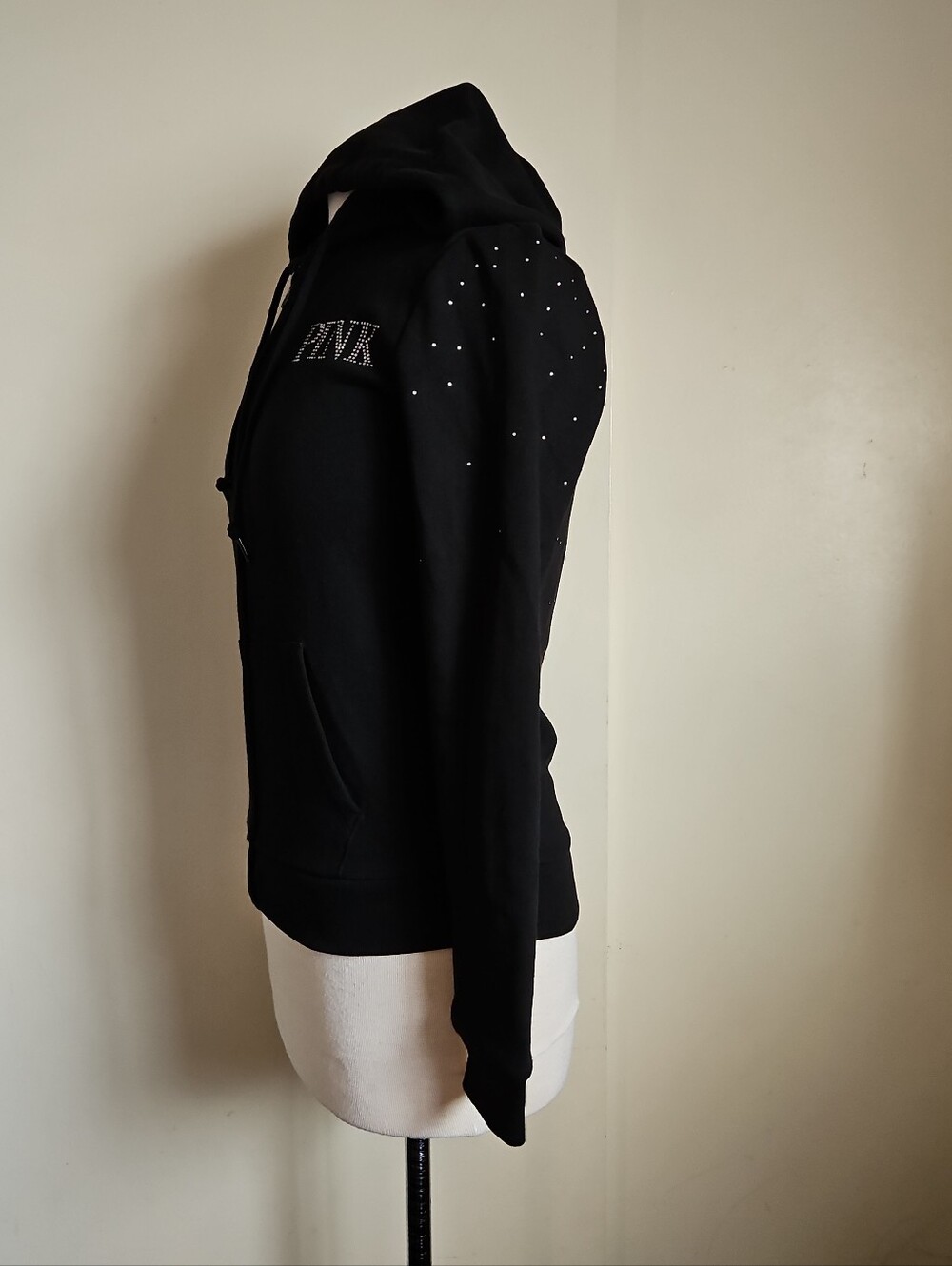 PINK Victoria's Secret Black Rhinestone Logo Everyday Zip-Up Hoodie Fleece Sz XS - Picture 9 of 14